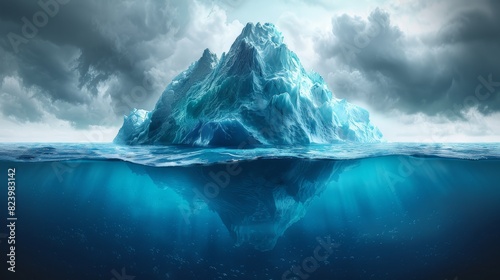 An iceberg on the breakwater is viewed below the surface of the ocean, revealing the submerged part of the iceberg