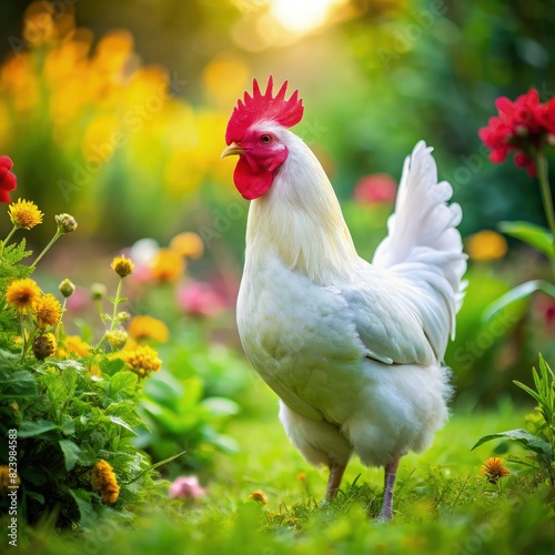 White Chicken Standing in Field of Flowers. Generative AI