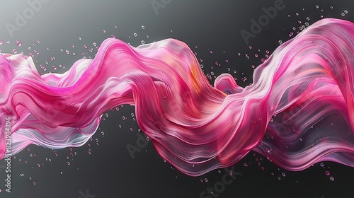  An abstract painting of pink and white waves with water bubbles on a black background and a gray backdrop