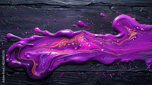  A painting of luscious purple and golden hues adorns a dark wooden canvas, accentuated by cascading droplets of water at its base