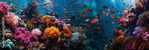 A large group of fish of various colors and sizes swimming together above a colorful coral reef in the ocean