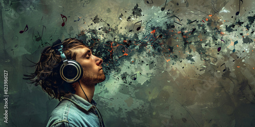 person listening to music, music visible in the air around their head. lost in the moment , dj wearing headphone