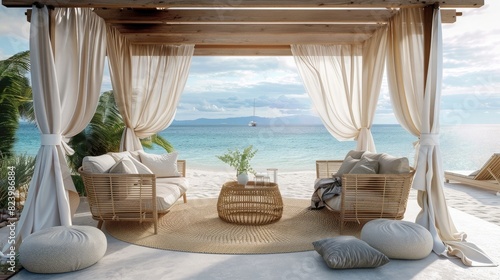 A beachfront cabana with a chic rattan sofa set, flowing curtains, and panoramic views of the ocean. realistic