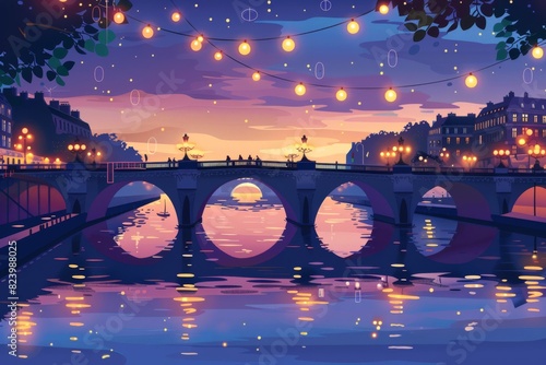 A tranquil scene of the Seine River flowing beneath magnificent bridges, illuminated with festive lights in celebration of Bastille Day.
