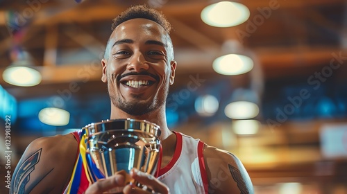 Athlete holding a trophy, with triumph and happiness