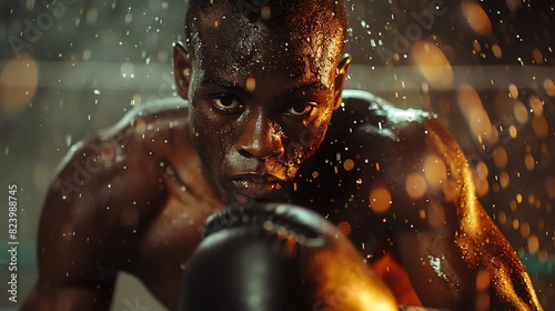 Boxer in the ring, with intensity and readiness to fight