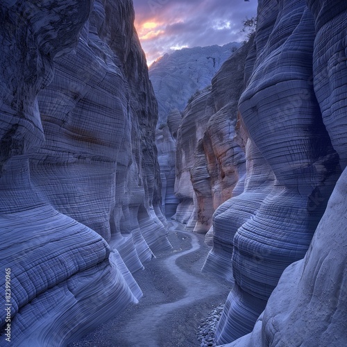 A narrow, winding path through a canyon of towering marble cliffs, their surfaces worn smooth by centuries of weather, bathed in the soft glow of the setting sun.