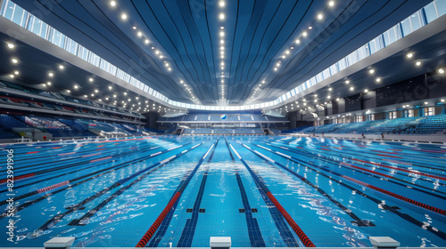 Olympic sized swimming pool. Interior swimming pool, stadium, event. Brightly lit, fresh water. 