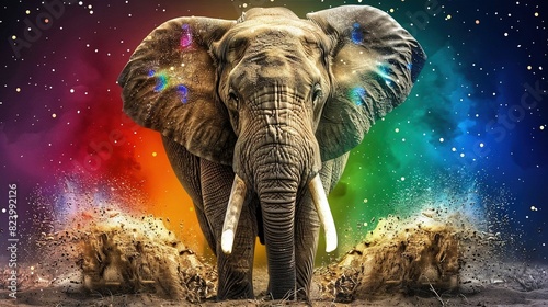  Elephant in field with rainbow sky and stars above