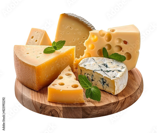 Types of cheese on a wooden board, transparent background