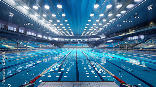Olympic sized swimming pool. Interior swimming pool, stadium, event. Brightly lit, fresh water. 