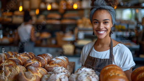 A female baker in an apron presents freshly baked bread in a bakery.