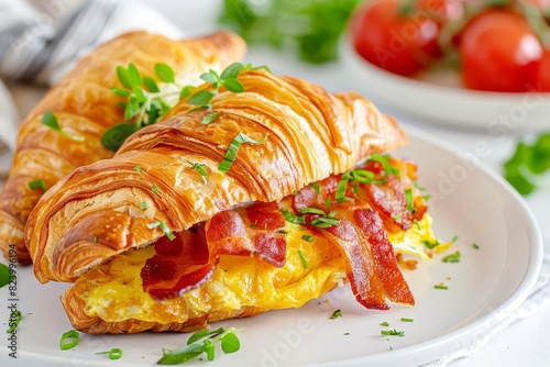 delicious bacon and cheese omelet croissant sandwich on white plate breakfast or brunch food concept