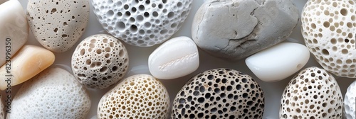 An assortment of naturally occurring porous rocks arranged neatly, showcasing the diversity in texture and color