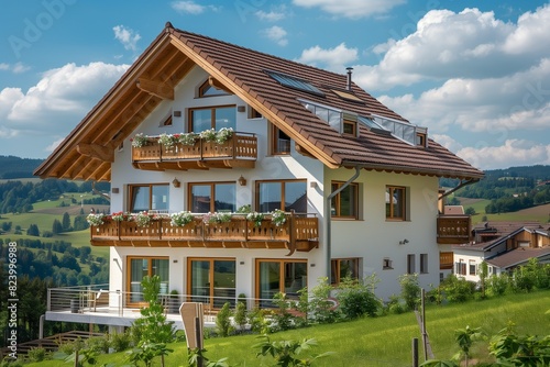 : A charming Swiss chalet-style suburban house with a steep roof, wooden balconies, and large windows, set in a picturesque landscape of rolling hills and meadows.