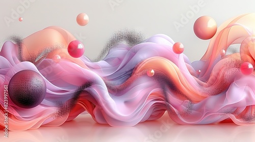  Digital painting of pink and purple wave on white background with bubbles and air bubbles