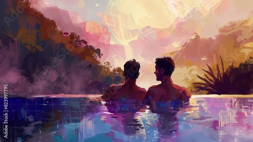 queer couples serene escape gay partners embracing tranquility on wellness retreat getaway digital painting 13