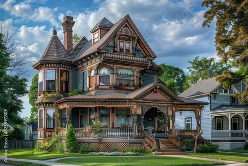 : A classic Victorian-style suburban house with intricate woodwork, colorful exterior paint, and a wraparound porch, set in a picturesque neighborhood street.