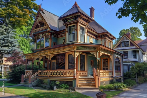 : A classic Victorian-style suburban house with intricate woodwork, colorful exterior paint, and a wraparound porch, set in a picturesque neighborhood street.