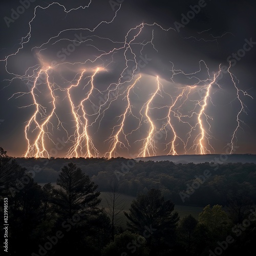 A sequence of lightning bolts over a forest, each flash illuminating different sections of the woods, creating a staccato visual symphony of light and dark.