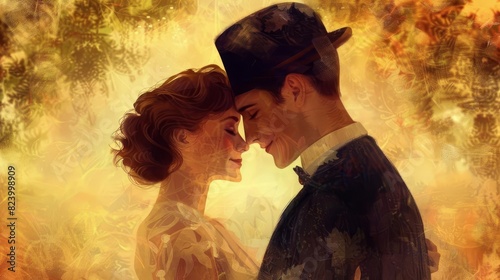 romantic young 1900s couple in love sunny warm moody background vintage 1930s era digital painting