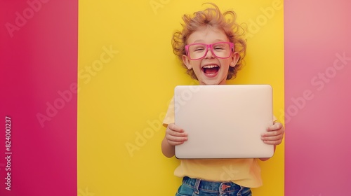 Bright pink and yellow kid preteen caucasian boy holding tablet or laptop smiling at camera wearing glasses
