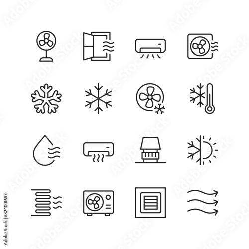 Air Conditioning, linear style icon set. Heating, ventilation and cooling systems for indoor climate control. Fans, vents and temperature regulation equipment. Editable stroke width