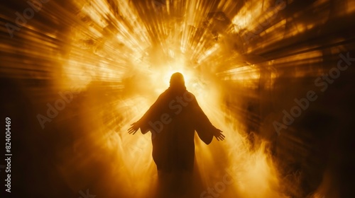 Silhouette of jesus christ in the rays of light. Concept of resurrection and spiritual enlightenment