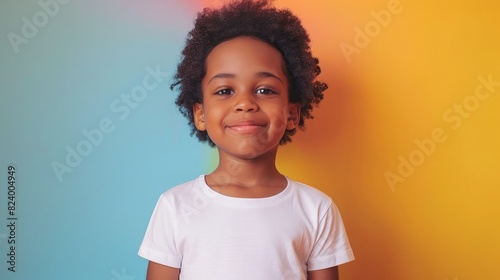 African-American child 4-5 years old close-up in a white T-shirt without a pattern against the background of a colored wall, mockup for the presentation of a children's realistic