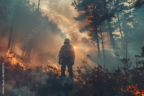 Firefighter in smoky forest with flames. Natural disaster and wildfire. Emergency response and firefighting concept. Design for banner, poster