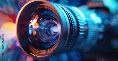 Closeup of video camera lens with bokeh effect, highlighting the sharpness and clarity in highdefinition video production