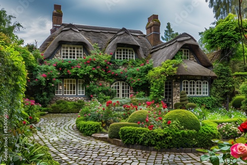 : A picturesque English cottage-style suburban house with a thatched roof, ivy-covered walls, and a charming garden filled with blooming roses and a cobblestone pathway.
