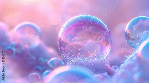  A bunch of soap bubbles floating against a blue-pink backdrop, bathed in a diffused light originating above them