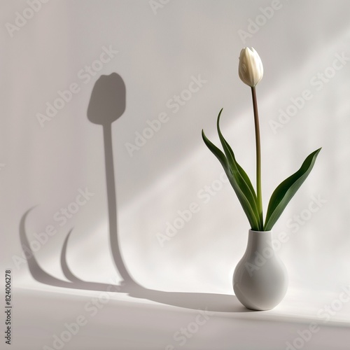 A sleek, pure white background interrupted only by the shadow of a single, slender vase holding a lone, elegant tulip, casting a long, delicate shadow.