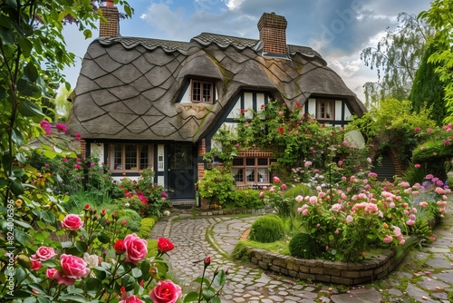 : A picturesque English cottage-style suburban house with a thatched roof, ivy-covered walls, and a charming garden filled with blooming roses and a cobblestone pathway.