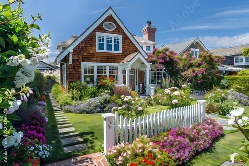 : A picturesque suburban house with a Cape Cod design, cedar shingle siding, and a lush, manicured garden with a white picket fence and blooming flowers.