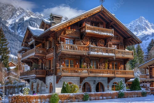 : A picturesque suburban chalet with a wooden exterior, large balconies, and intricate carvings, set against a backdrop of snowy mountains and pine trees.