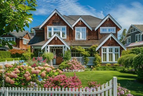 : A picturesque suburban house with a Cape Cod design, cedar shingle siding, and a lush, manicured garden with a white picket fence and blooming flowers.