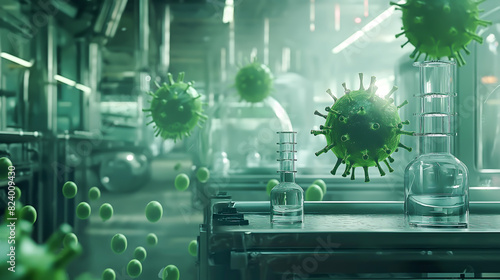 A futuristic representation of a viral particle production line with an emphasis on biotechnology and synthetic biology