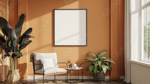 A mockup of a blank square photo frame hanging in the middle of wall with Retro, midcentury modern, nostalgic decoration in Room Captured in the style of architectural photography.,