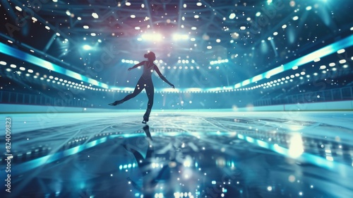 The picture of the professional ice skater is dancing on the ice surface or so called rink that shine by the spotlight of stage with confident, the job require technique and endurance skill. AIG43.