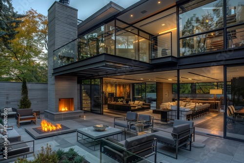 : A sophisticated modern suburban house with a glass and steel exterior, a cantilevered second floor, and a luxurious outdoor patio with a fireplace and seating area.
