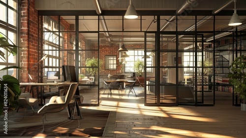 An image of an urban apartment with steel-framed sliding doors. realistic