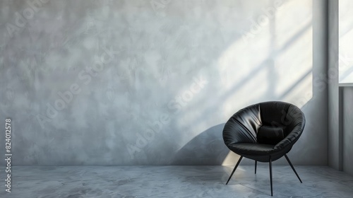 Black chair in the interior of a room with a white wall realistic