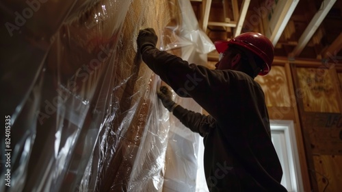 A worker installs a layer of vapor barrier onto the interior walls of a building preventing moisture from damaging the insulation and creating mold.