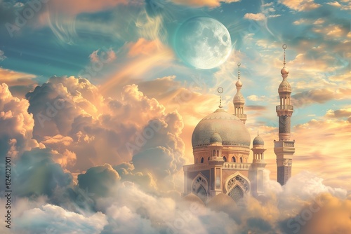 Eid al adha poster on cloudy background. Translation: Eid al adha mubarak