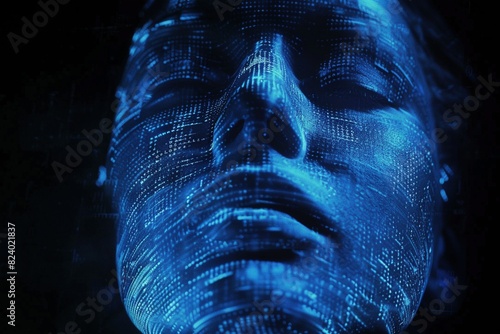 A glowing blue digital face composed of code, captured in a grainy VHS screenshot with a black background.