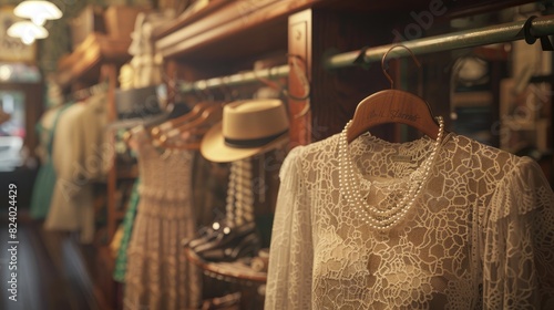 Vintage clothing store, 1940s era, elegantly displayed lace dresses, pearl necklaces, and bowler hats, wooden hangers, warm ambient lighting, inviting ... realistic