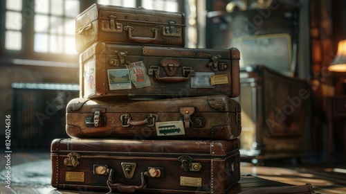 Vintage suitcases stacked aesthetically, adorned with travel stickers from the 1930s, rustic leather and metal details, warm incandescent lighting realistic