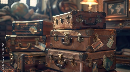 Vintage suitcases stacked aesthetically, adorned with travel stickers from the 1930s, rustic leather and metal details, warm incandescent lighting realistic